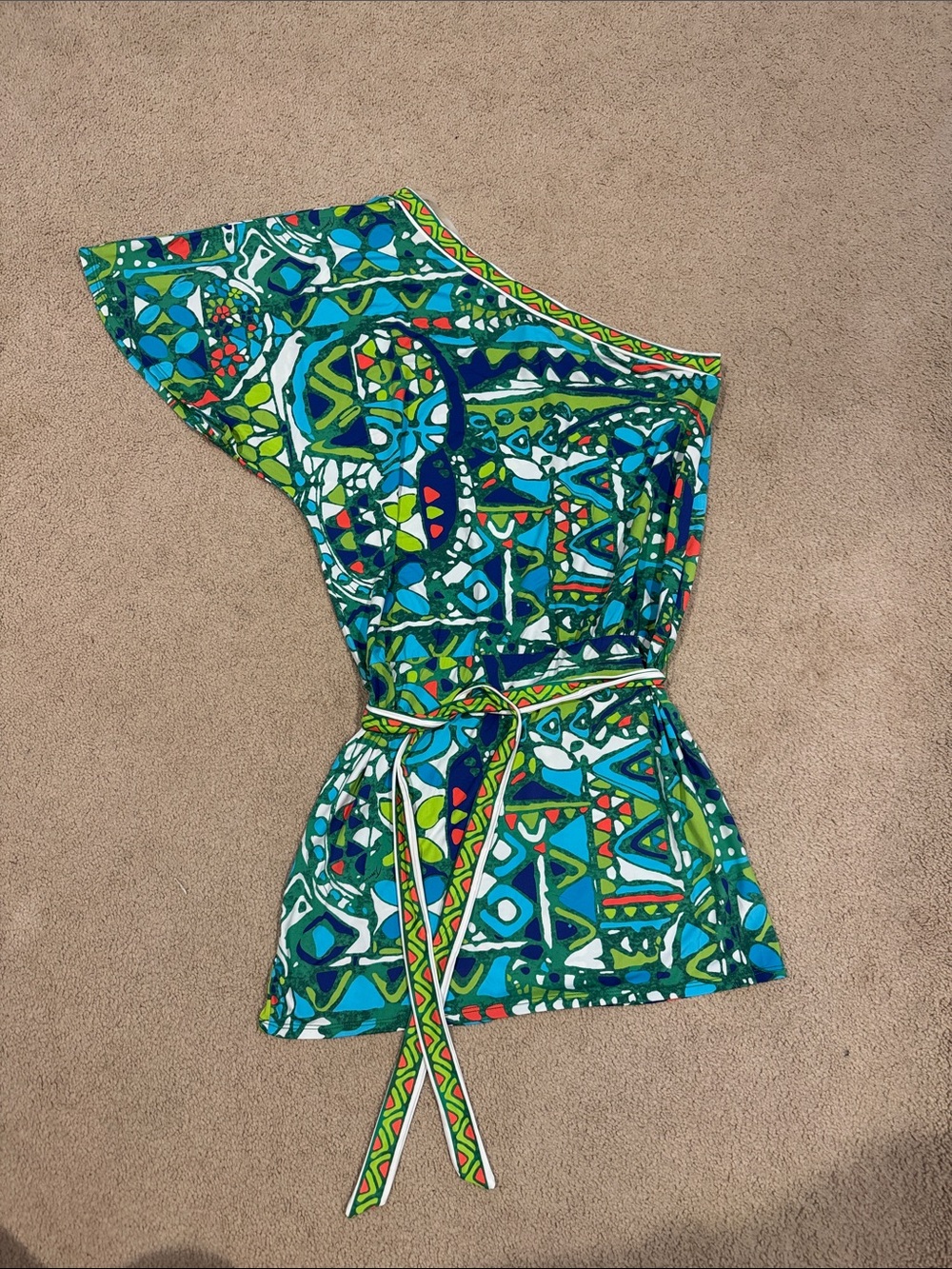 Trina Turk Green Blue One-Shoulder Geometric Swim Coverup